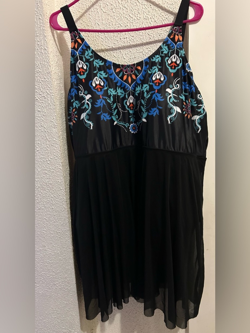 BloomChic Black Swim Dress Size 28 with Blue and Teal Floral Accents NEW
